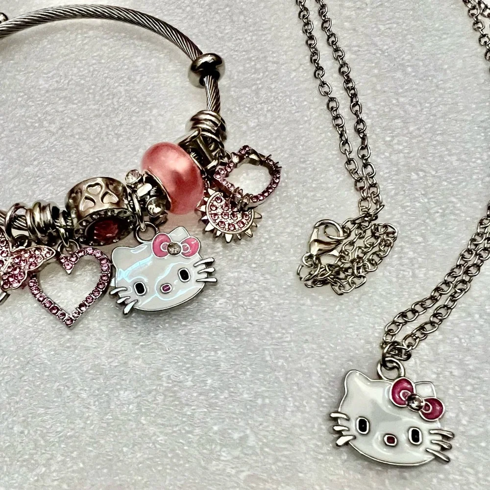Hello Kitty Pink and Silver Charm Bracelet and Necklace Jewelry Set NIB